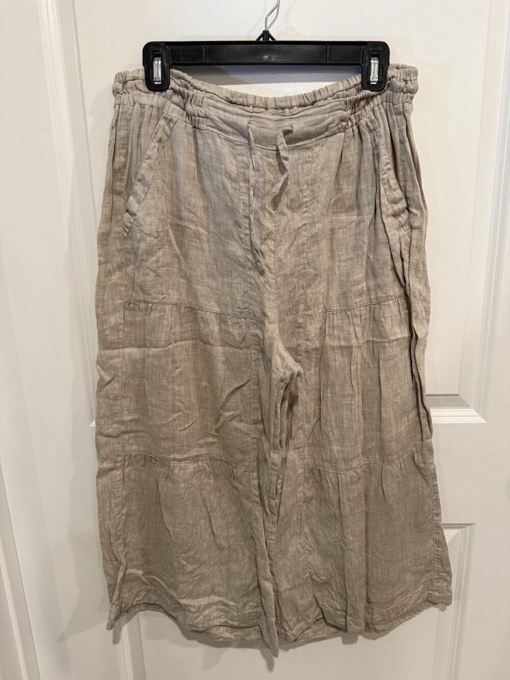 Yuvita Women's Khaki Linen Tiered Boho Wide Leg Cropped Pull-On Pants Size Large